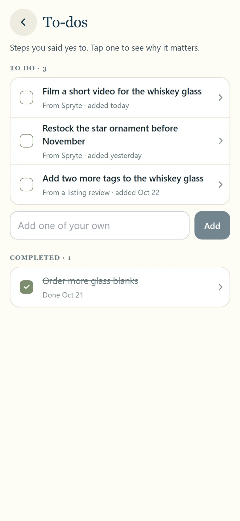 The To-dos list, with steps from Spryte and from a listing review